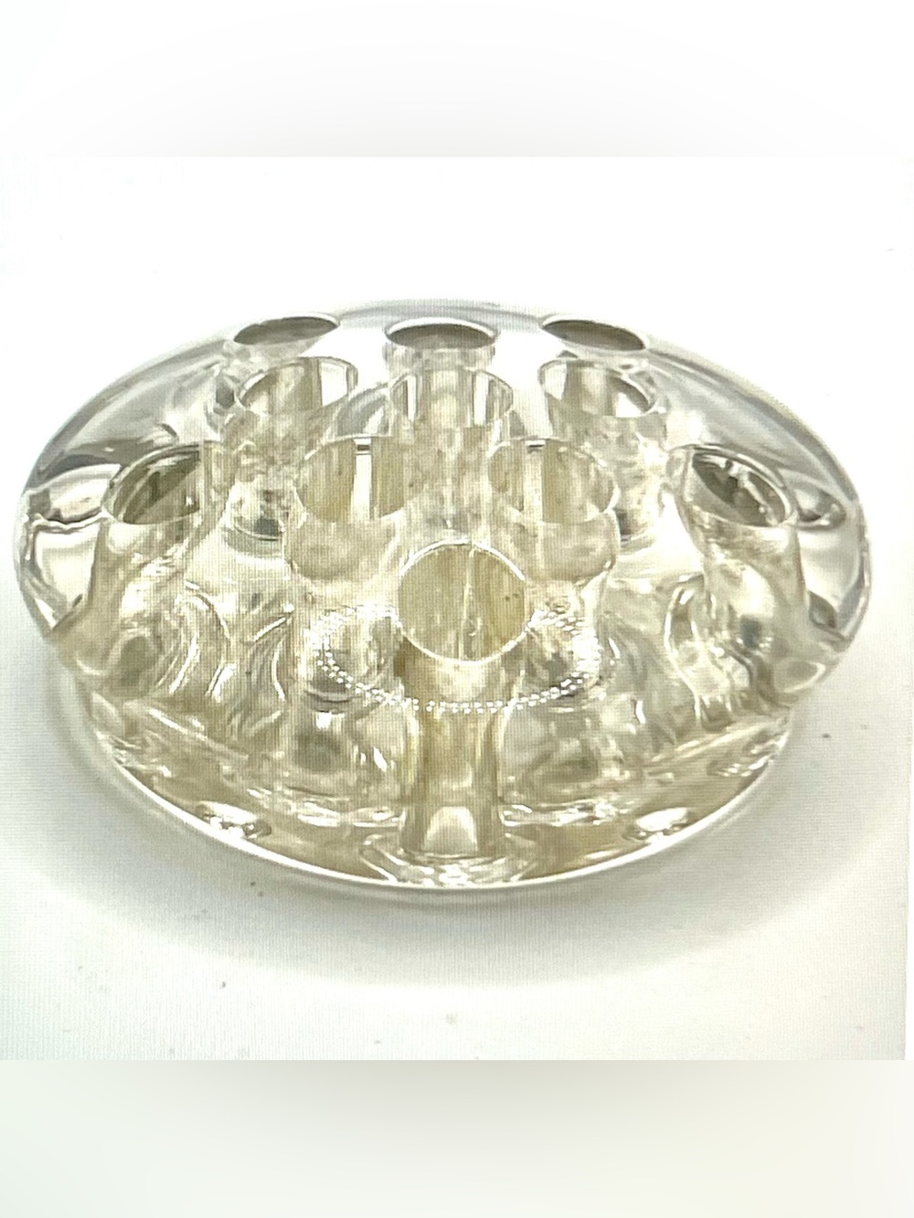 ✨ Vintage Clear Glass Round 11-Hole Flower Frog – 3.5" Heavy Stem Holder ✨